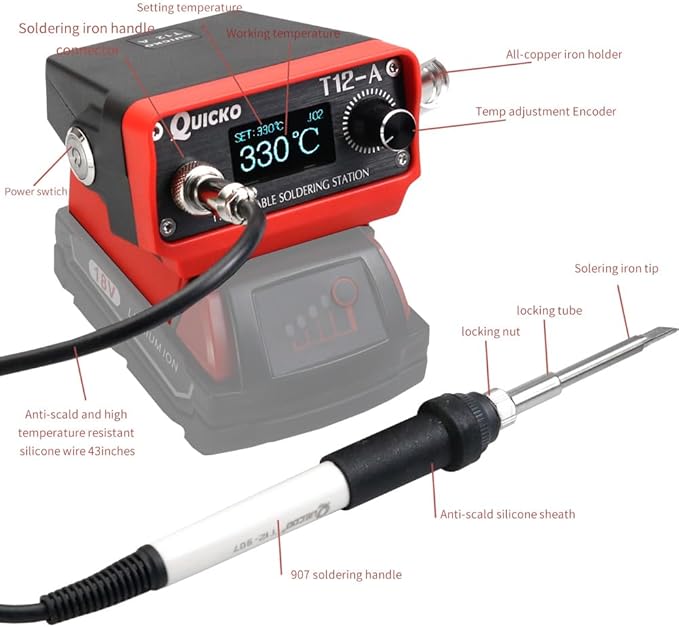 Cordless Soldering Iron Station,QUICKO T12 Soldering Station Fit for Milwaukee Battery 18/20V,Sleep Immediately,Injection Mold,°C/ºF Conversion (Battery Not Included) With 5pcs Solder Iron Tips