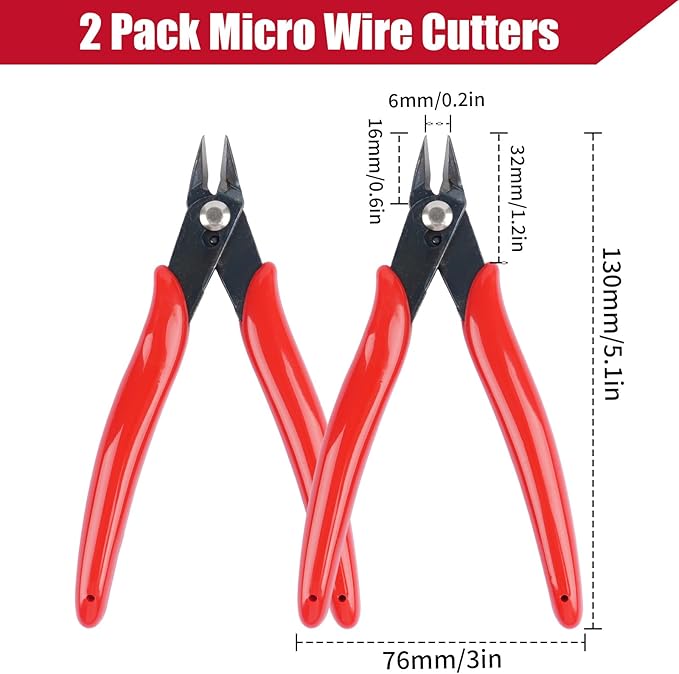2 Pack Micro Wire Cutters, 5 Inches Flush Cutters Pliers, Diagonal Side Cutters Nippers, Zip Tie Sprue Cutter for Electronics, Plastic Models, Jewelry (Red)