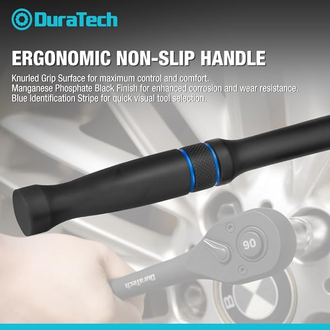 DURATECH 3-Piece Drive Ratchet, 90-Tooth Quick-release Ratchet Wrench | 1/4", 3/8", 1/2" Socket Wrench for Men Women, Reversible, Cr-V Made, 4° Swing, Manganese Phosphate Black Finish