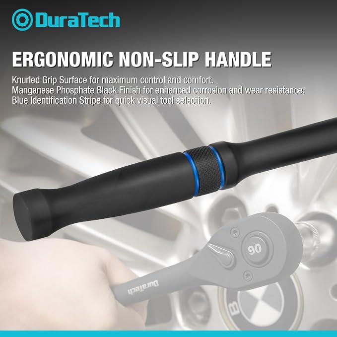 DURATECH 1/2-Inch Drive Ratchet, 90-Tooth Quick-Release Ratchet Wrench | Reversible, Cr-V Made, 4° Swing, Manganese Phosphate Black Finish, Socket Wrench for Men Women Stocking Stuffer for Men Women