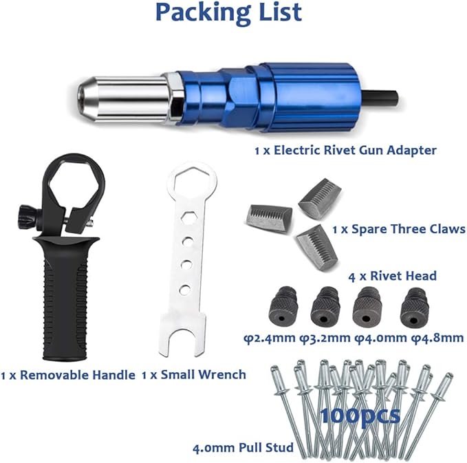 Professional Electric Rivet Gun Adapter Kit - Cordless Riveting Drill Tool with 3-Claw Head, 4 Rivet Heads, Removable Plastic Handle & 100 Blind Rivets - Easy Processing for Pop Rivets