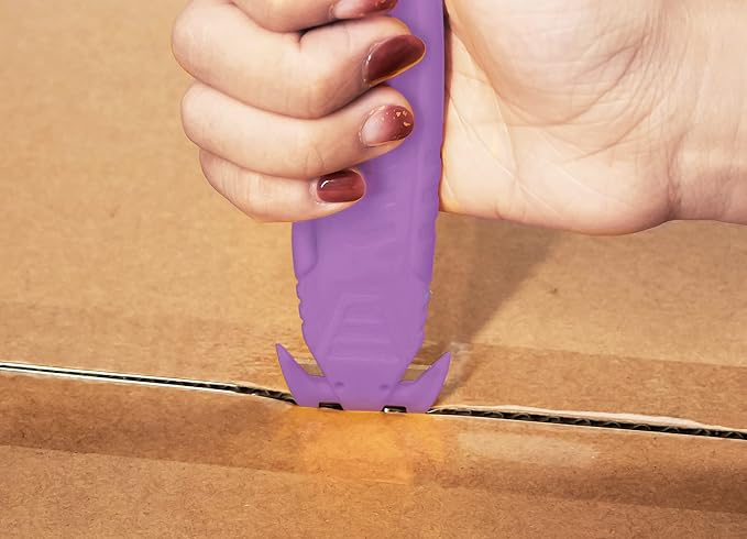 T TOVIA Safety Box Cutter Knife of Recessed Concealed Stainless Steel Blade, Package Opener Plastic Cutter for Box, Carton, Shrink Wrap, Plastic Straps, 10pcs purple