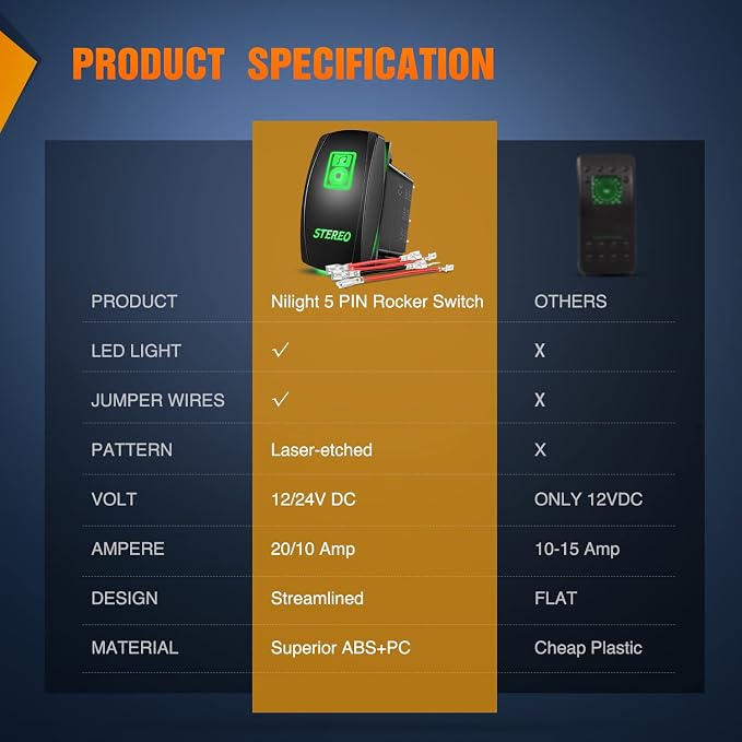 Nilight Stereo Rocker Switch Led Light Bar 5Pin Laser On Off SPST switches 20A/12V 10A/24V Green with Jumper Wires Set for Cars Trucks RVs