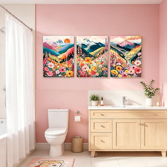 Frimeeme Colorful Floral Mountain Wall Art Set of 3, Boho Nature Landscape Print, Unframed, for Living Room Bedroom Bathroom Office Home Decoration 12x16in