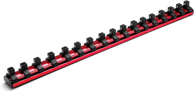 Performance Tool W38003 3/8 in. Drive Magnetic Socket Rail Organizer | Holds up to 17 sockets. Rare earth magnets hold to ferrous surfaces. Spring-loaded clips. EVA foam backing