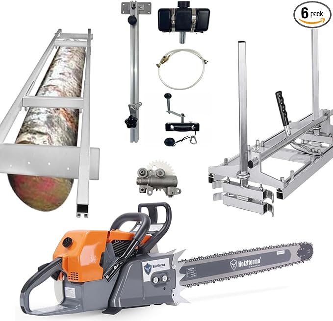 6pcs Holzfforma G888 Power Head 48inch Chainsaw Mill 9FT Milling Rail Auxiliary Oiler Winch 48inch Guide Bar and Saw Chain and High Output Oiler