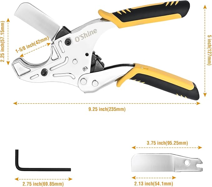 O'Shine Industrial-Grade Ratchet PVC Pipe Cutter, 1-5/8" Max OD Heavy Duty Professional Plumbing Tube Cutter for PEX PPR Conduit, Heavy Duty Spare Blade & Hex Key Included