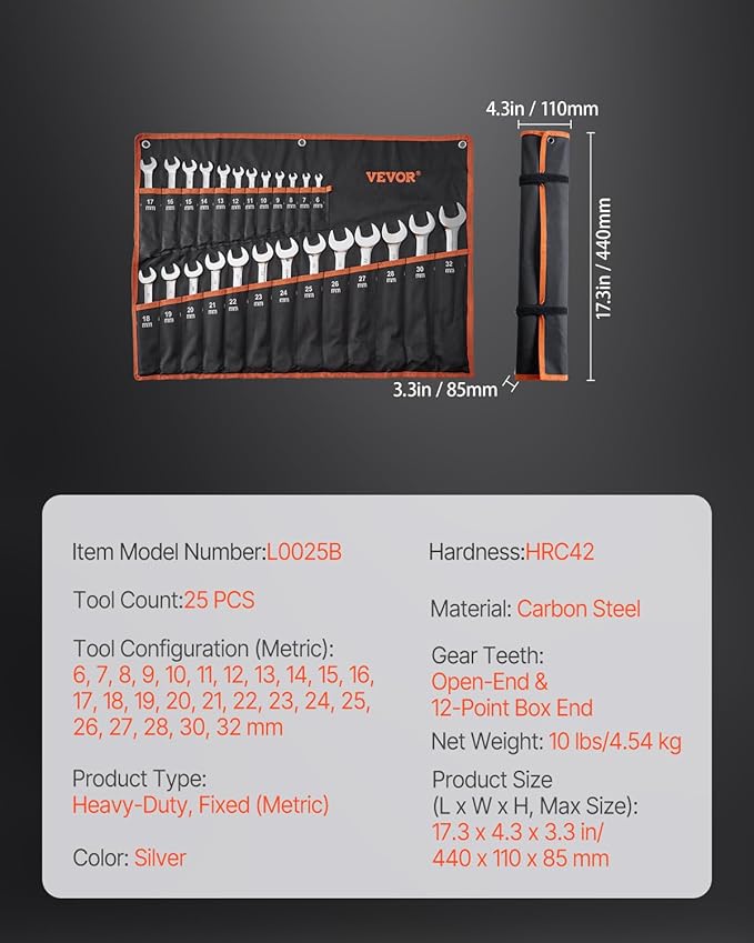 VEVOR 25-Piece Metric Combination Wrench Set, 6-32mm, Open End, Carbon Steel, with Roll-up Pouch, Ideal for Household, Garage, Workshop, Auto Repairs
