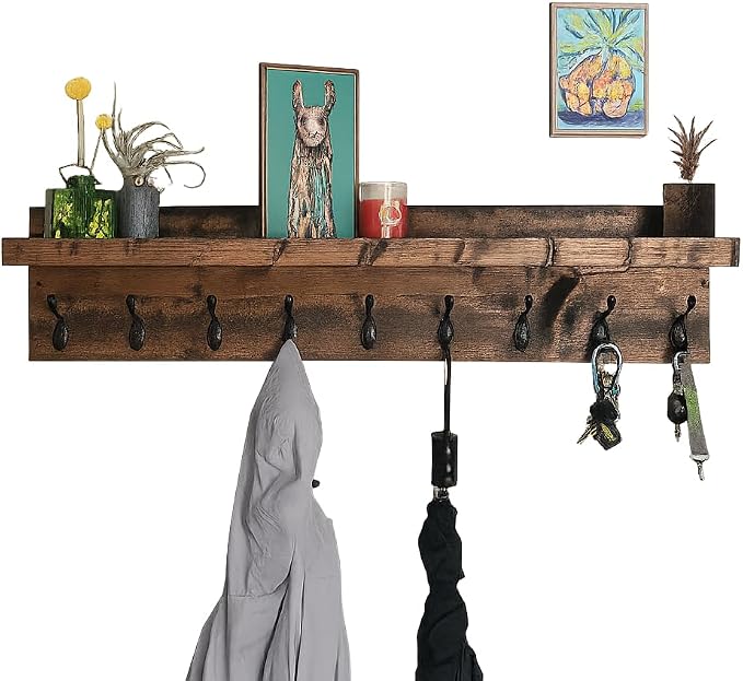 Coat Rack with Shelf Wall Mounted with Storage (Choose Your Length) Towel Rack Entryway Organizer Key Hooks (20" L (5 Hooks))