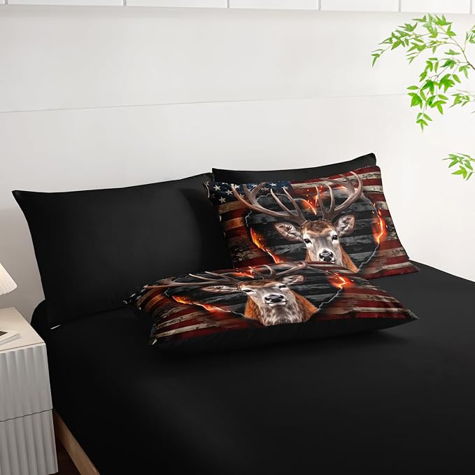 Deer Bedding Sets for Kids Boys Girls Room Decor,Hunting Themed American Flag Queen Comforter Set with Sheets,7Pcs Western Camo Fluffy Comforter Set with Fitted Sheet,Flat Sheet,Pillowcases.