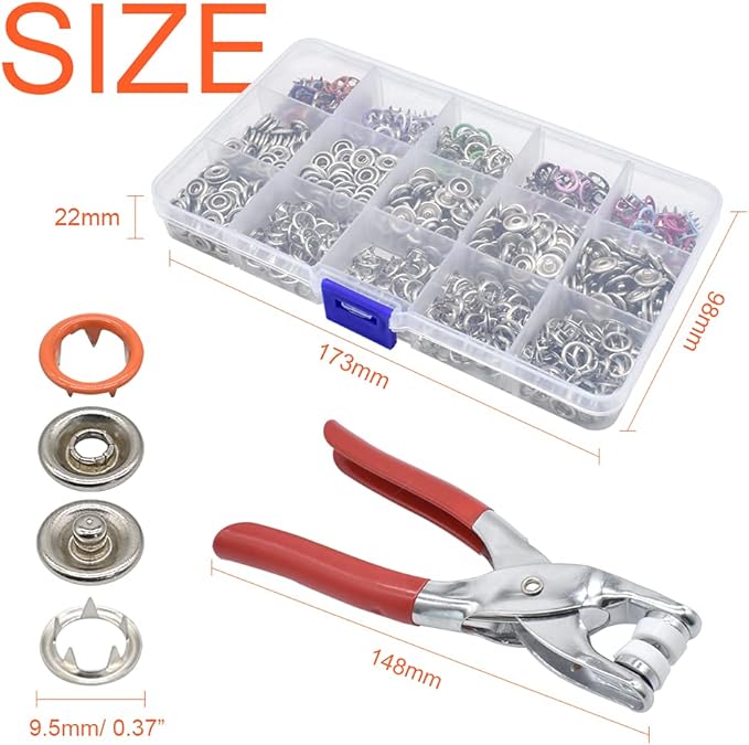 200 Sets Metal Snaps Fasteners Kit 9.5mm 10 Colors Metal Prong Ring Button with Fastener Pliers Press Tool for Sewing and Crafting