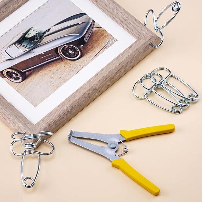 Miter Spring Clamps Essential Set for Woodworking | Set includes 8 clamps, 1 pliers, 1 clip for wood trim, crown molding, picture frames. Packaged in a sturdy cardboard box.