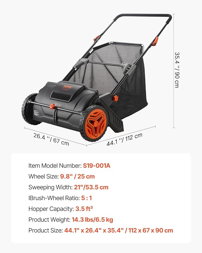 VEVOR Push Lawn Sweeper, 21inch Leaf & Grass Collector, Heavy Duty Thickened Steel Durable to Use with Large Capacity 3.5 cu. ft. Mesh Collection Hopper Bag, 2 Spinning Brushes