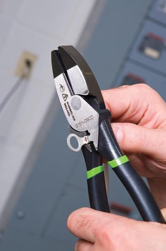 Greenlee 0151-09CD Side Cut Pliers With Crimper, High Leverage, Dipped Grip, 9", Green and Black