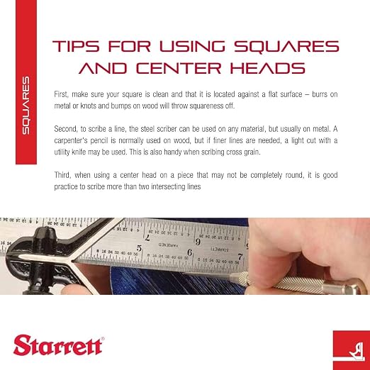 Starrett Steel Combination Squares with Square Head - 300mm Blade Length, Forged and Hardened Steel Heads, Reversible Lock Bolt, Scriber, Spirit Level, 35 Graduation Type - C33MH-300