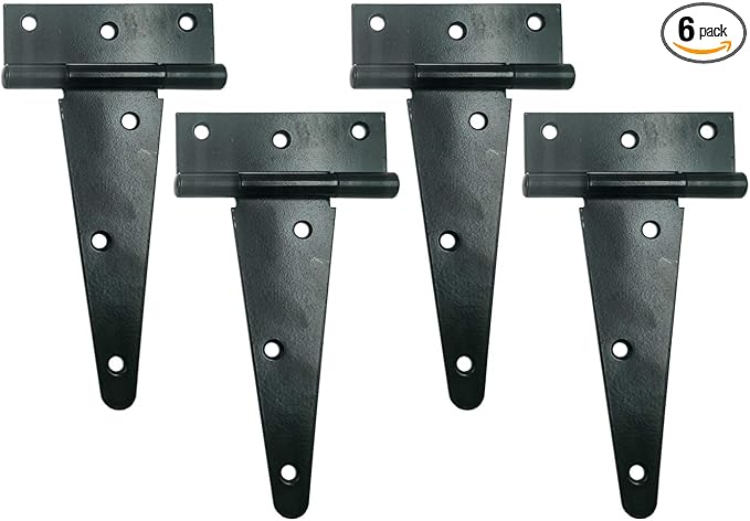 HLMOptimo Heavy Duty T Hinge Tee T Strap Shed Gate Barn Fence Door Hinge Wrought Rustproof All Size Black (4 pcs, 6 inch)