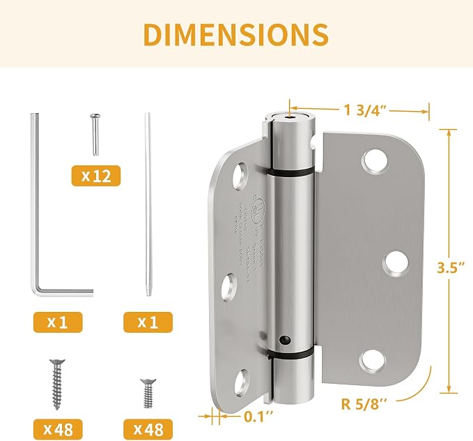 Luxbaro 6 Pack Spring Hinges Self Closing 3.5 Inch, Self Closing Door Hinges with 5/8'' Radius Corners, Adjustable Tension for Garage, Front and Back Doors, Left and Right Hand, UL Listed