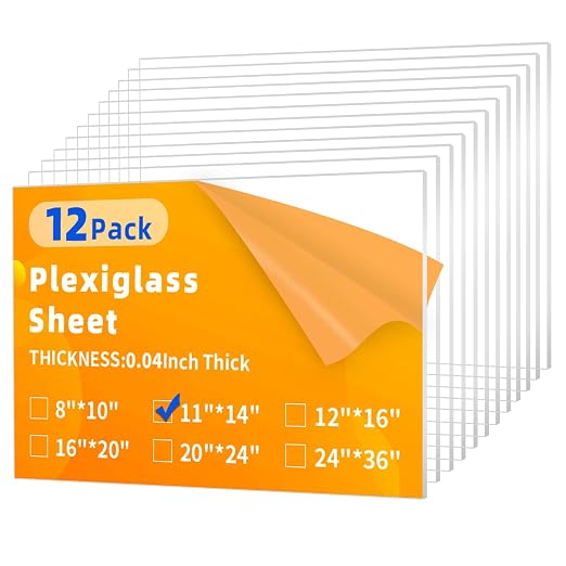 (12 Pack) 0.04"(1mm) Thick Clear Acrylic Sheets, 11X14 Plexiglass Sheets for Craft, Sign Blank, DIY Display Project, Cut with Saw or Hand Tools