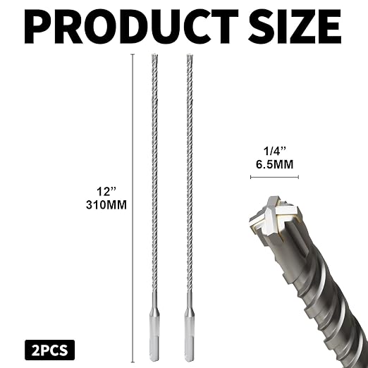 2PCS SDS Plus Rotary Hammer Drill Bits, 2pcs (1/4"*12"-6.5mm*310mm) - 4 Carbide Cutting Edges, Ideal for Masonry| Heavy-Duty Masonry |Hammer Drill Bits for Precision Drilling