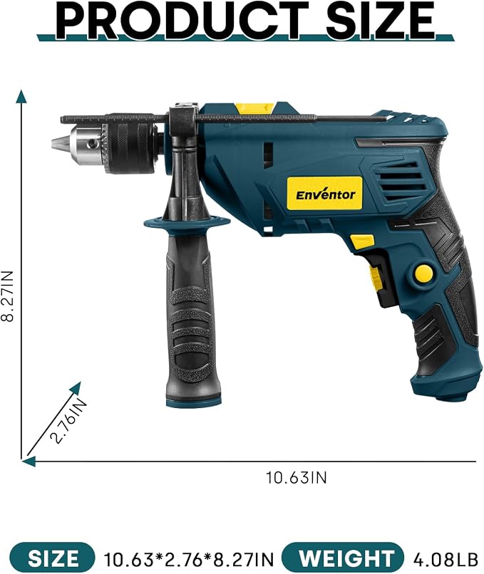 Enventor 7.5 Amp Hammer Drill, 1/2 Inch Electric Drill Hammer, 900W 0-3000RPM Variable Speed, 360° Auxiliary Handle, Lightweight Corded Hammer & Drill 2 in 1 with 9pcs Bit for Metal, Wood, Blue