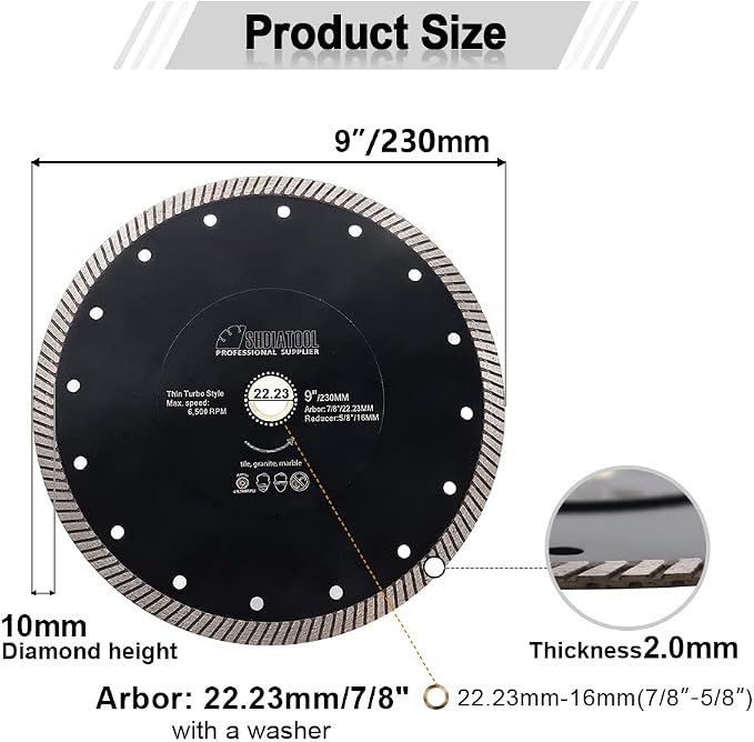 SHDIATOOL Diamond Turbo Blade 9 - Inch Super Thin Cutting Disc for Porcelain Ceramic Tile Granite Dia 230mm 2pieces