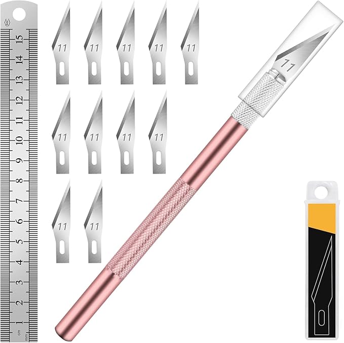 DIYSELF 1 Pcs Craft Hobby Knife Exacto Knife with 11 Pcs Stainless Steel Blade Kit, 1pcs Steel 15CM Ruler for Art, Scrapbooking, Stencil (Pink)