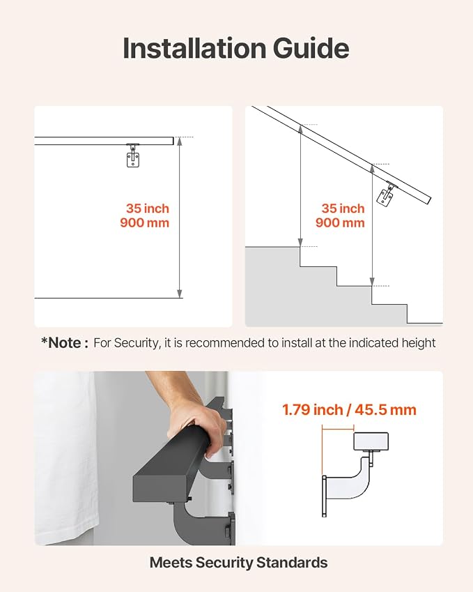 VEVOR Wall Mounted Stair Handrail, 15ft Black Aluminum Staircase Handrail Indoor, 250lbs Load Capacity, Industrial Railing Hand Rail for Steps, Square Tube for Loft Porch Deck, 6 Sections