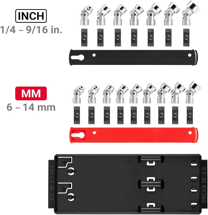TEKTON 1/4 Inch Drive Universal Joint Socket Set, 16-Piece | SHD90217 | (1/4 - 9/16 in., 6 - 14 mm), Shallow, 6-Point, Socket Rail