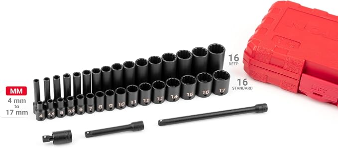 TEKTON 1/4 Inch Drive Impact Socket Set, 35-Piece | SID90405 | (4 - 17 mm), Shallow and Deep, 12-Point, Case