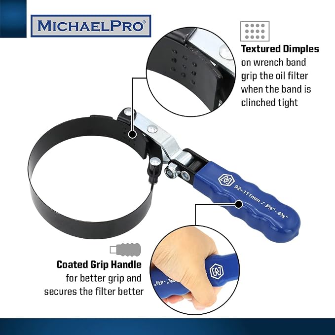 MichaelPro MP001223 4-Pcs Professional Swivel Oil Filter Wrench Set with Stand, 57 to 111mm | 2-1/4 to 4-3/8 Inches