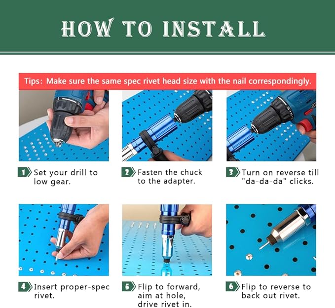Rivet Gun Adapter Kit, Riveting Gun Head Tool for Cordless Drill, with 4 Rivet Head/Removable Handle/100pcsx4.0mm Studs (Blue)