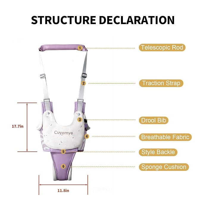 Baby Walking Harness - Handheld Toddler Walker Helper with Detachable Crotch, Adjustable Traction Strap, Breathable Fabric, Infant Walking Assistant Belt for 9-24 Months (Purple)