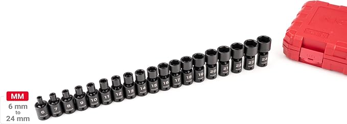 TEKTON 3/8 Inch Drive Universal Joint Impact Socket Set | SID97302 | 19-Piece, (6 - 24 mm), Shallow, 6-Point