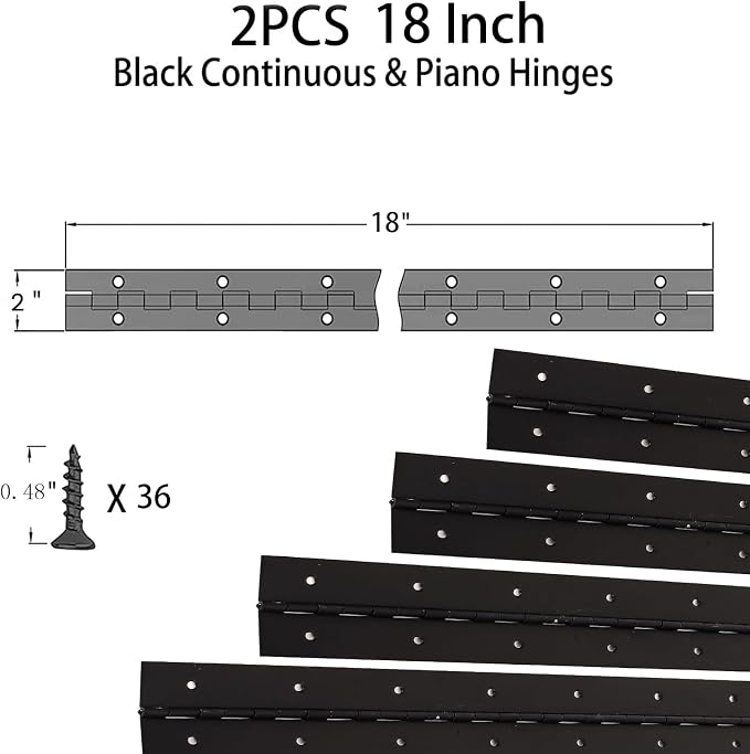 2-Pack 18-Inch Black Stainless Steel Heavy Duty Continuous & Piano Hinge, 2" Open Width Piano Boat Hinges, with Pre-Drilled Holes and Screws, Ideal for Piano Cabinets ane Wooden Box.