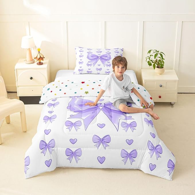 Feelyou Cute Purple Bow Comforter Set All Season Love Hearts Bowknot Bedding Set with 1 Pillow Cases Princess Bow Microfiber Kids Twin Bedclothes Bedroom Decor Duvet Quilt Breathable Soft Lightweight