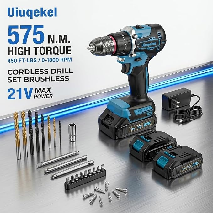 Brushless Cordless Drill Driver Kit, 575 In-Lbs Torque, 25+1 Clutch, 2-Speed Power Drill for Wood, Metal, DIY Home Repair & Furniture Assembly