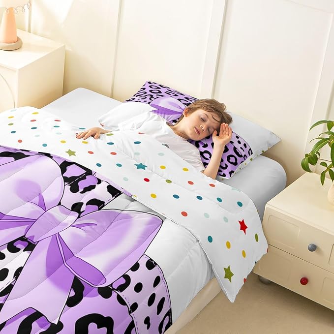 Feelyou Leopard Print Bedding Set Soft for Boys Girls, Purple Cheetah Bow Comforter Set Twin Size Animal Fur Duvet Quilt Microfiber Bedroom Decor 2 Pcs with 1 Pillow Cases