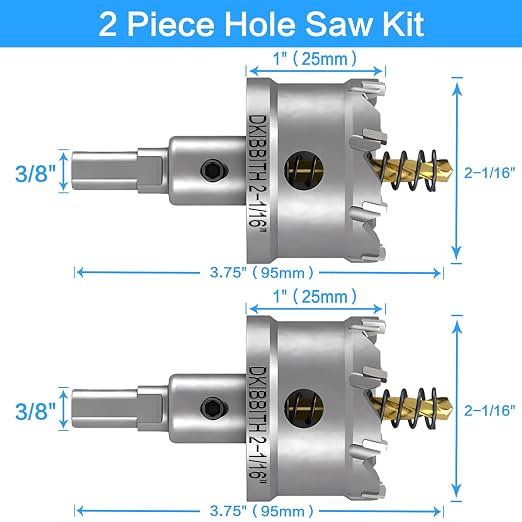 TCT Hole Saw Set, 2-Pack of 2-1/16" (52mm) Heavy Duty Tungsten Carbide Tipped Hole Cutters for Stainless Steel Mild Steel Copper Iron Brass Plastic and More, with Titanium-Plated Pilot Drill Bits.