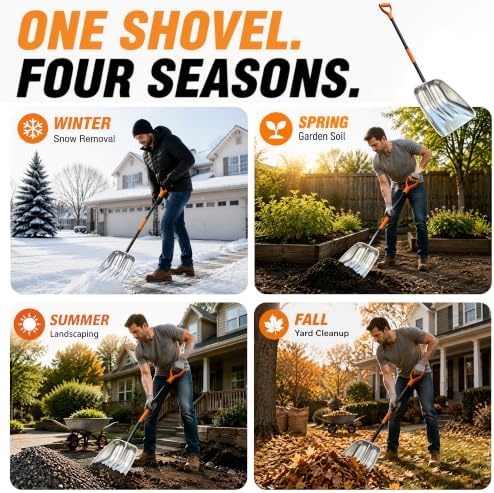 Metal Snow Shovel, Heavy Duty Stainless Steel Scoop Shovel for Snow Gravel