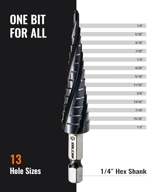 13 Sizes M35 Cobalt Step Drill Bit, 1/8" to 1/2" Four Spiral Flute Step Drill Bit for Metal, Titanium-Coated HSS Step Bit with 1/4" Hex Shank for Stainless Steel Aluminum Copper Wood Plastic