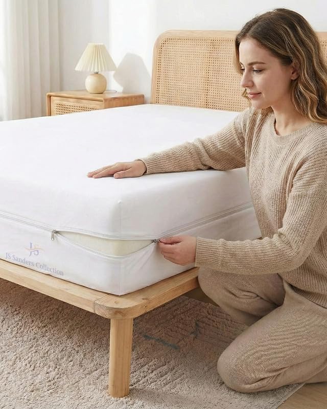 JS Sanders Zippered Mattress Protector Full Size – Soft 100% Egyptian Cotton, 600 Thread Count Deep Pocket Fitted Sheet Encasement Cover for Bed Breathable, 12-16 Inch Fit, White 54x75