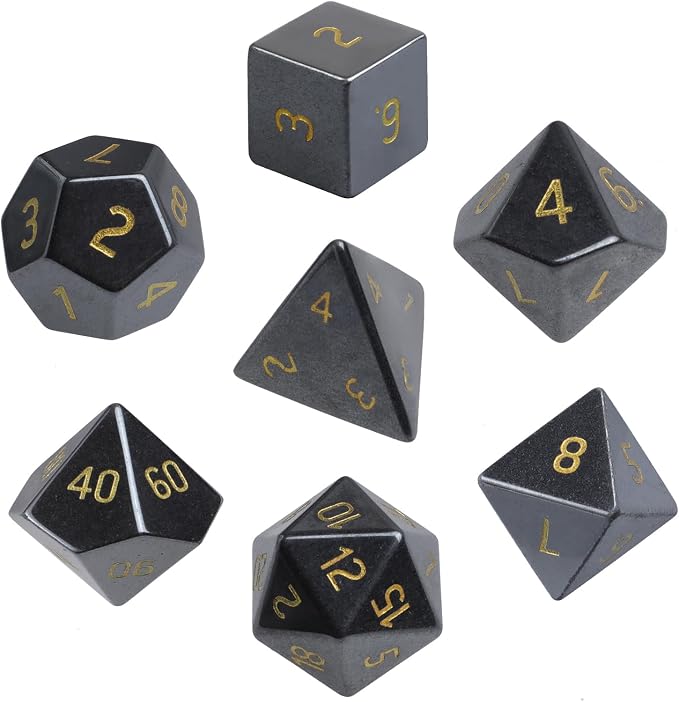 mookaitedecor 7 PCS Hematite Crystal Polyhedral DND Dice Set, Polished Tumbled Stones Dices for RPG MTG Table Games Home Decoration