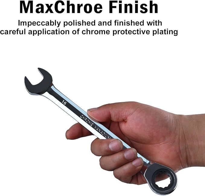 Egofine 16mm Ratcheting Combination Wrench Metric, Industrial Grade Gear Spanner with 12-Point Design, 72-Tooth Ratchet, Chrome Vanadium Steel