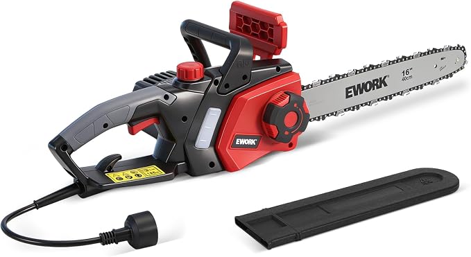 EWORK Electric Chainsaw Corded 16-Inch 15 Amp Electric Chain Saws | Corded Chainsaw with Tool-Free Chain Tension, Auto Oiling, Low Kickback, Robust Chainsaw for Tree Cutting, Pruning, Firewood