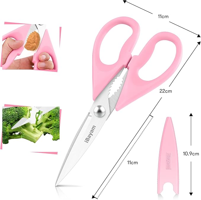 iBayam All Purpose Kitchen Scissors 2 Pack Heavy Duty Meat Food Poultry Shears with Protective Sheath, Dishwasher Safe, Soft-Grip Cute Aesthetic Gift for Women Mom Wife Her Couple Pastel Pink
