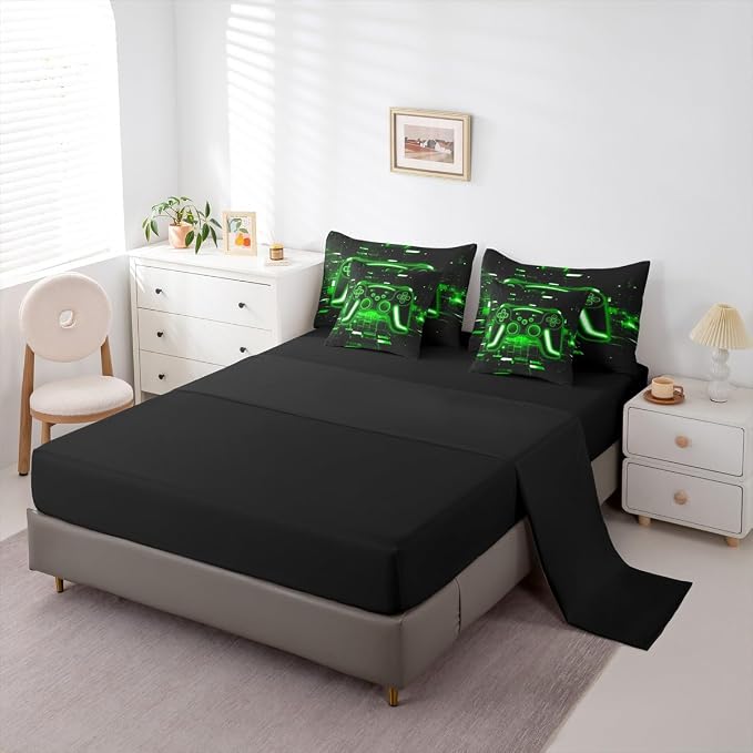 Erosebridal Gaming Queen Comforter Set with Sheets, Gamer 7 Piece Bedding Set Neon Lights Retro Game Console Bed in a Bag, Green Brick Cube Room Decor,Game Room Decor