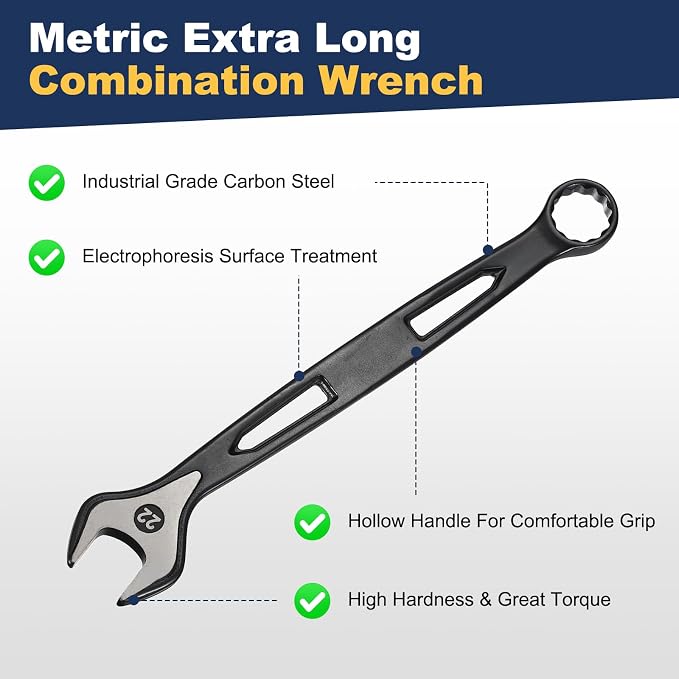 HARFINGTON 2pcs Combination Wrench 22mm Metric Extra Long 12-Point Box and Open End Carbon Steel Double Ended Industrial Grade Spanner for Automotive Furniture Machinery DIY Repair, Black