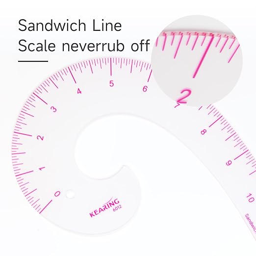 KEARING 12inch Plastic Comma Shape French Curve Ruler for Pattern Making, Sandwich Line Scale, Vary Form Curve Ruler for Sewing, Clear Muti Function Sewing Ruler for Fashion Design