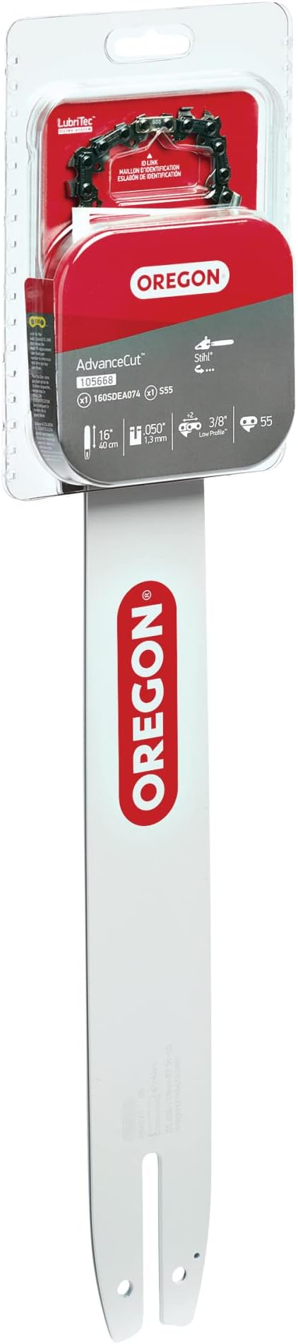 Oregon 16-Inch Replacement Chainsaw Bar and S55 AdvanceCut Chainsaw Chain Combo, 55 Drive Links, Pitch: 3/8", .050" Gauge (105668), fits several Stihl models, Grey