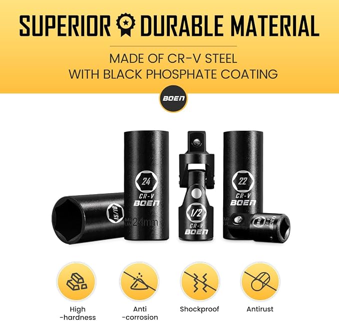 BOEN 35-Piece 1/2" Drive Deep Impact Socket Set - SAE 3/8"-1-1/4" & Metric 8-24mm, Extensions, Joint & Adapter, Cr-V Steel, Double Lock Case